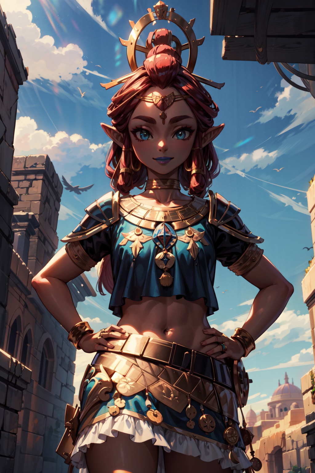 00514-2042301569-masterpiece,best quality,1girl,riju_zelda,blue lips,eyeshadow,circlet,crown,hair rings,(long hair),skirt,armor,hands on hips,smi.png
